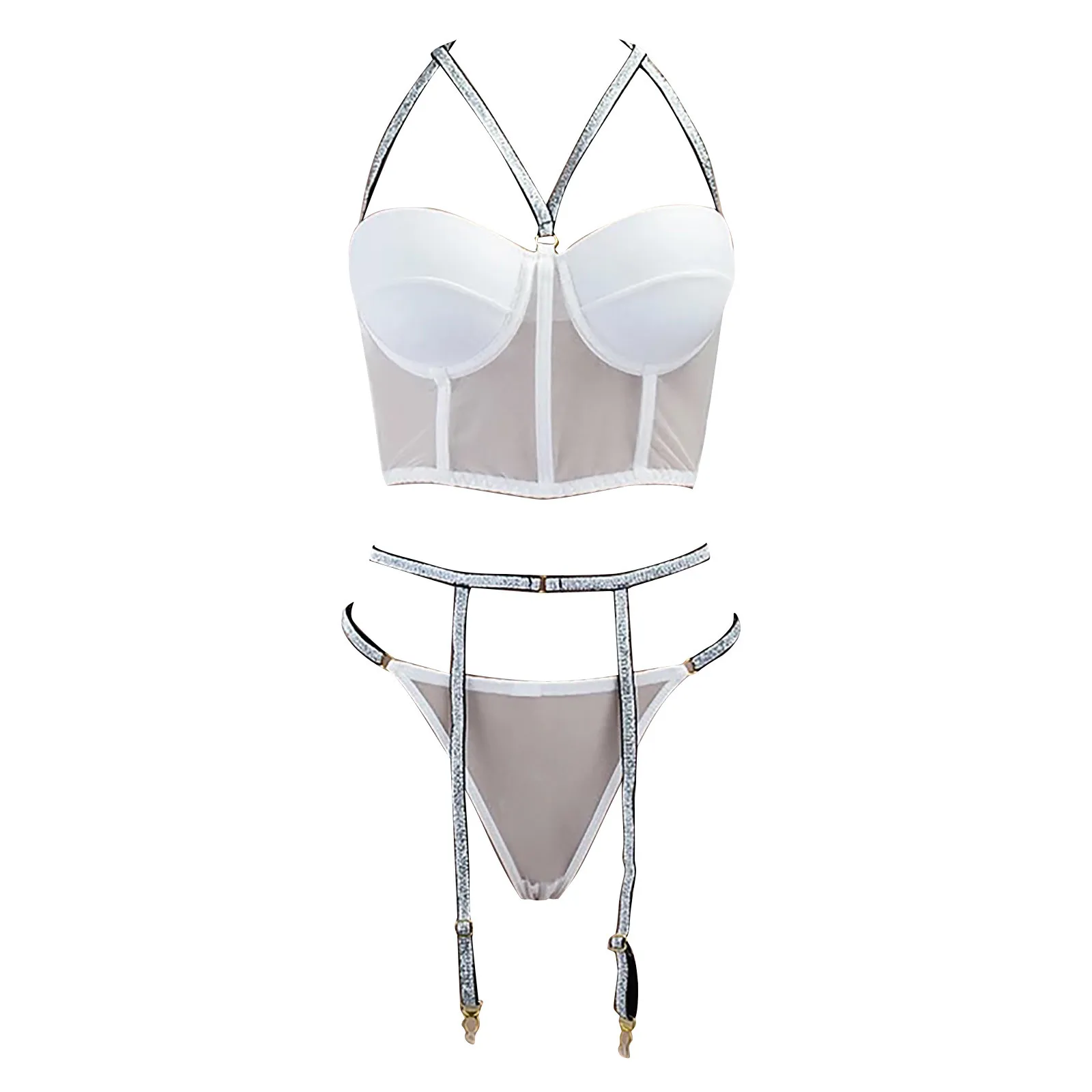 Дамское женское нижнее белье сексуальное кружевное трехконечное с блестящими