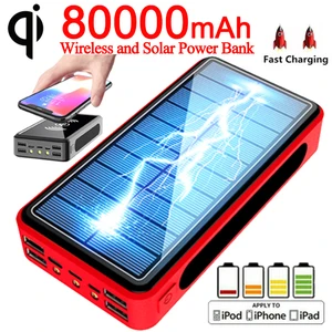 wireless solar portable 80000mah 4usb led power bank external battery poverbank powerbank mobile phone charger for xiaomi iphone free global shipping