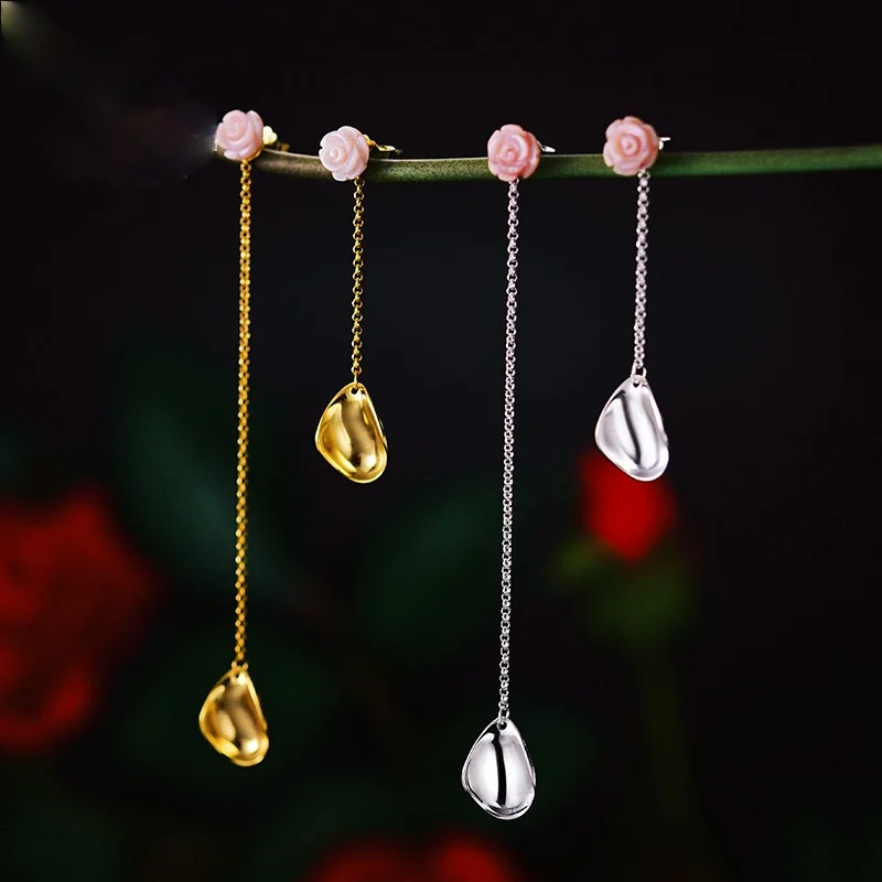 

Роза Shell 925 стерлингового серебра Серебряные серьги Для женщин золото, натуральная основа длинные Серебряные серьги персонализированные Се...