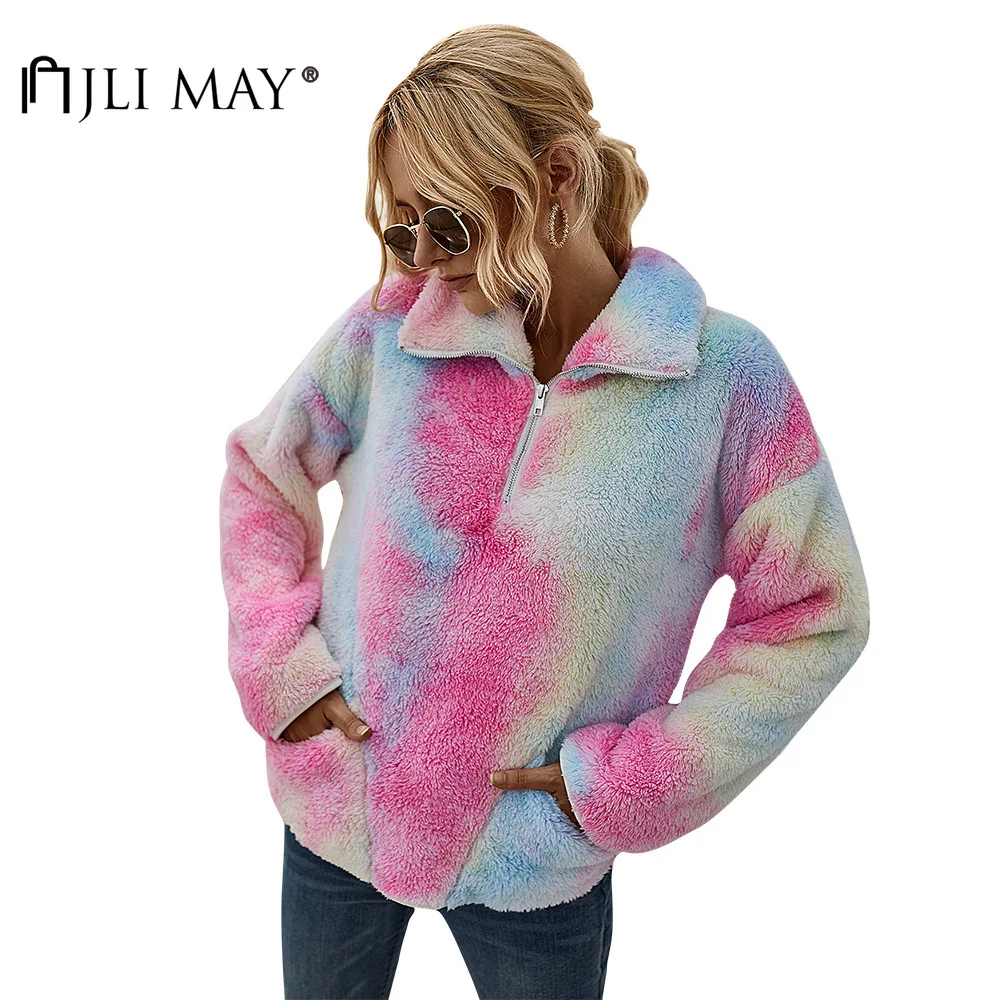 

JLI MAY Women Tie dyed Sweatshirts Fleece Pullovers Zipper Turn-down Collar Long Sleeve Winter Warm Sweatshirt