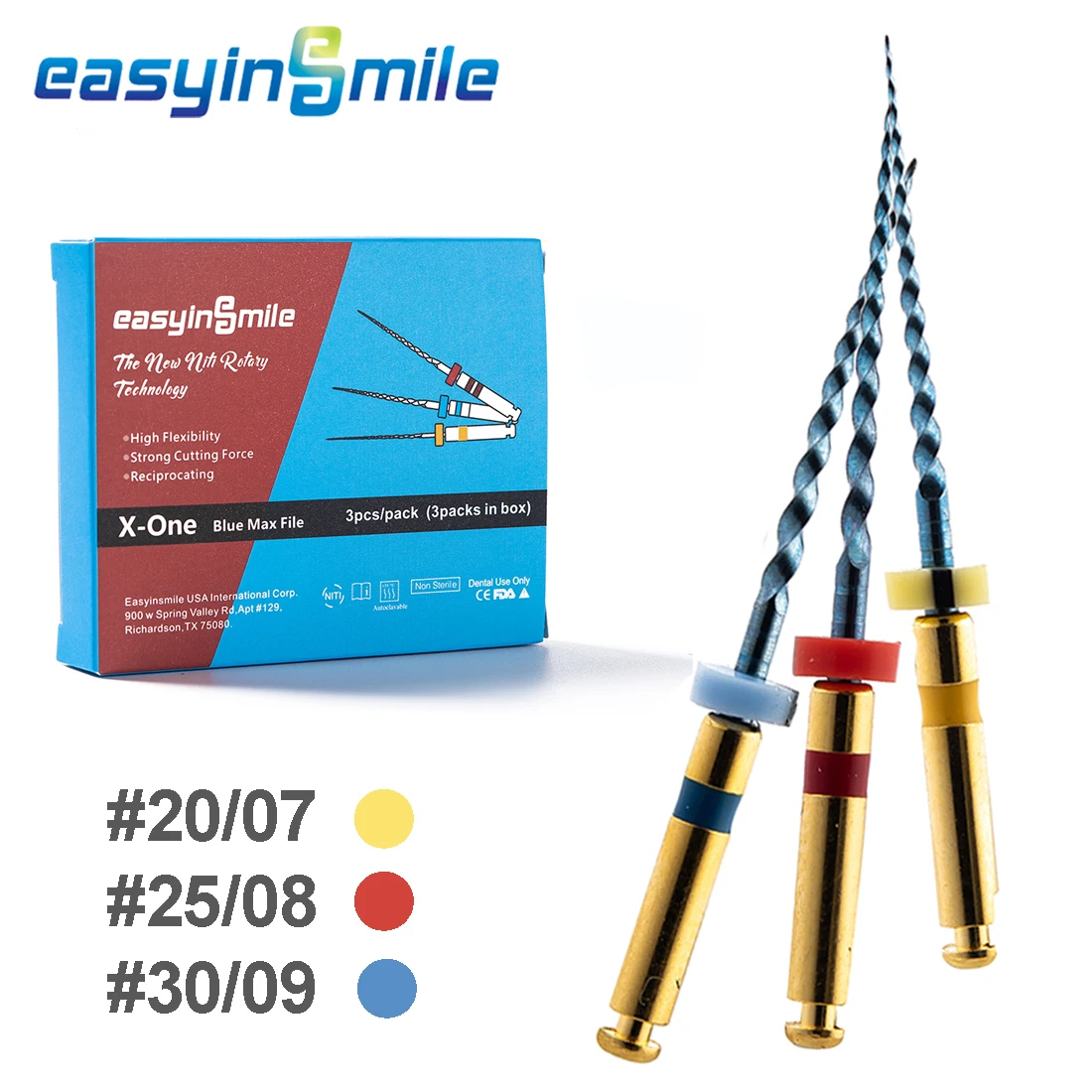 EASYINSMILE X-ONE Endodontic Reciprocating NITI Rotary Files 25MM Dental Endo Blue Max Autoclavable Engine File Tips 3Files/pack