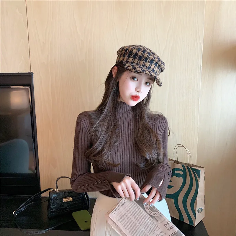 

Net Red Western Style Mock Neck Sweater Inner Design Knitted Bottoming Shirt for Women Spring New Versatile Slim-Fit Top