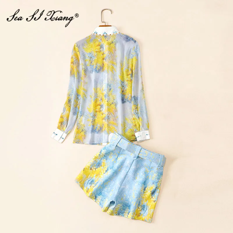 Seasixiang diseñador de moda de primavera de las mujeres de manga larga de blusas Tops de gasa + bolsillos pantalones cortos imprimir conjuntos de dos piezas