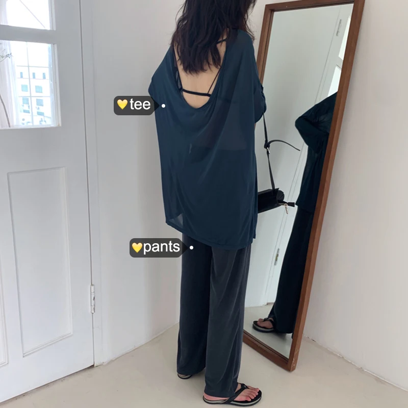 Весна-лето Женская шикарная свободная футболка с открытой спиной + широкие брюки