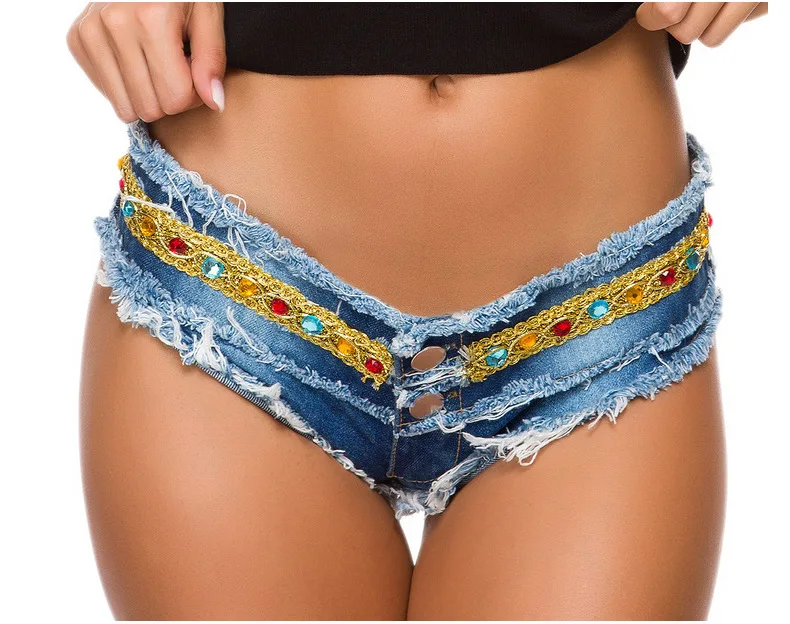 

Sexy Women Low Rise Mini Denim Shorts Cute Booty Shorts Thong Cheeky Jeans Shorts Stone-mounted Hotpants