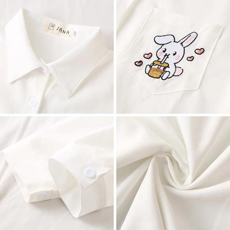 

Women Blouses Shirt 2021 Long sleeve White Printing Rabbit Lapel Short Sleeve With Tie Bow Korean JK Style Female Shirts Blusas