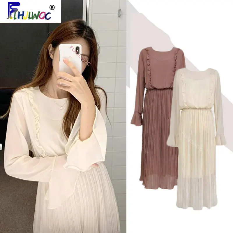 

2020 Spring Fall Basic Dresses Long Women Fashion Flare Sleeve Japanese Korean Style Design Date Girls Beige Ruffled Dress Pink
