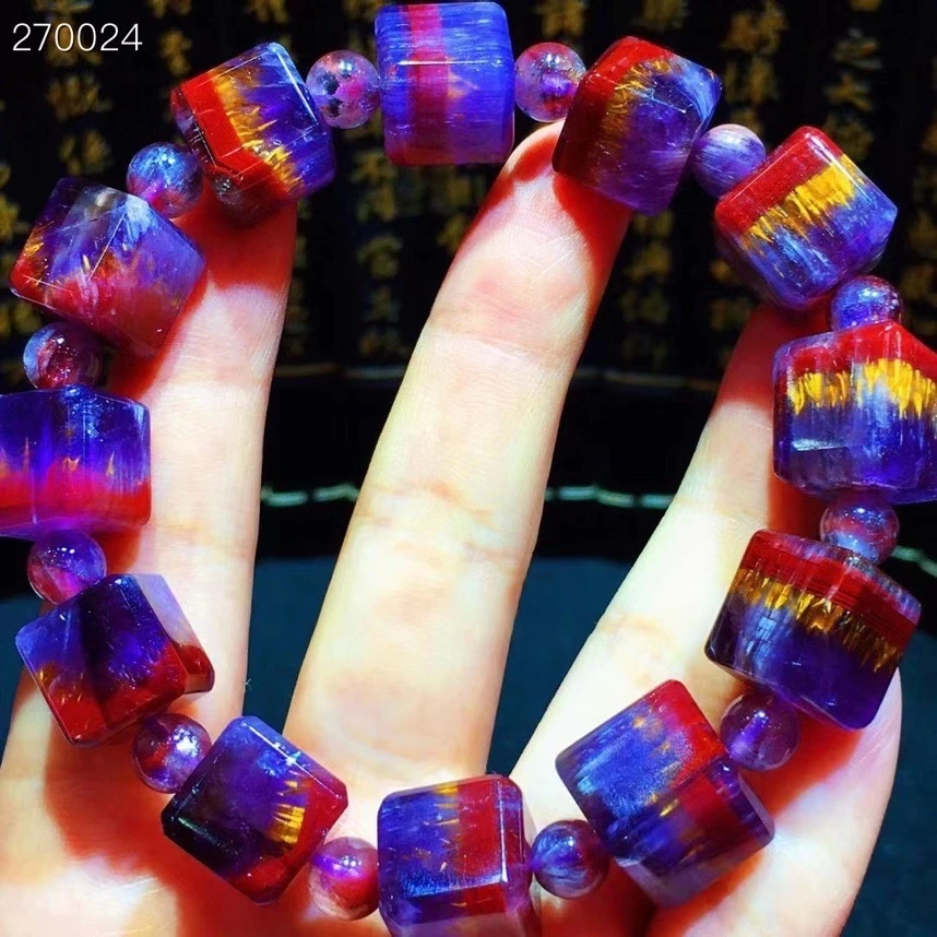 

11.5mm Genuine Natural Cacoxenite Auralite 23 Red Purple Bracelet Canada Women Cube Round Beads Rutilated Quartz AAAAAA
