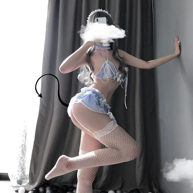 

Sexy lingerie extreme temptation blue backless maid outfit cute lace cosplay flirting suit
