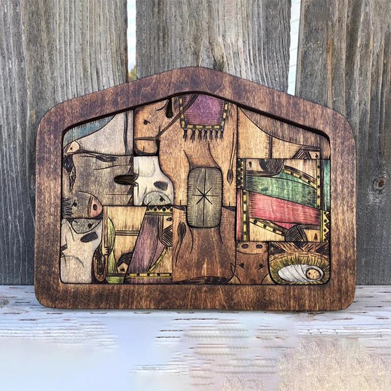 

Wooden Jesus Puzzle Nativity Set Nativity Puzzle with Wood Burned Design Jigsaw Puzzle Game for Adults Kids Desk Decor Figurines