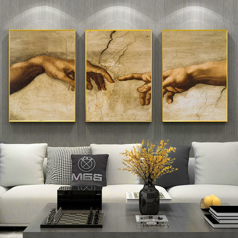 

3Pcs The Creation Of Adam Famous Art Canvas Painting On the Wall Art Posters and Prints Hand to Hand Picture Unframed