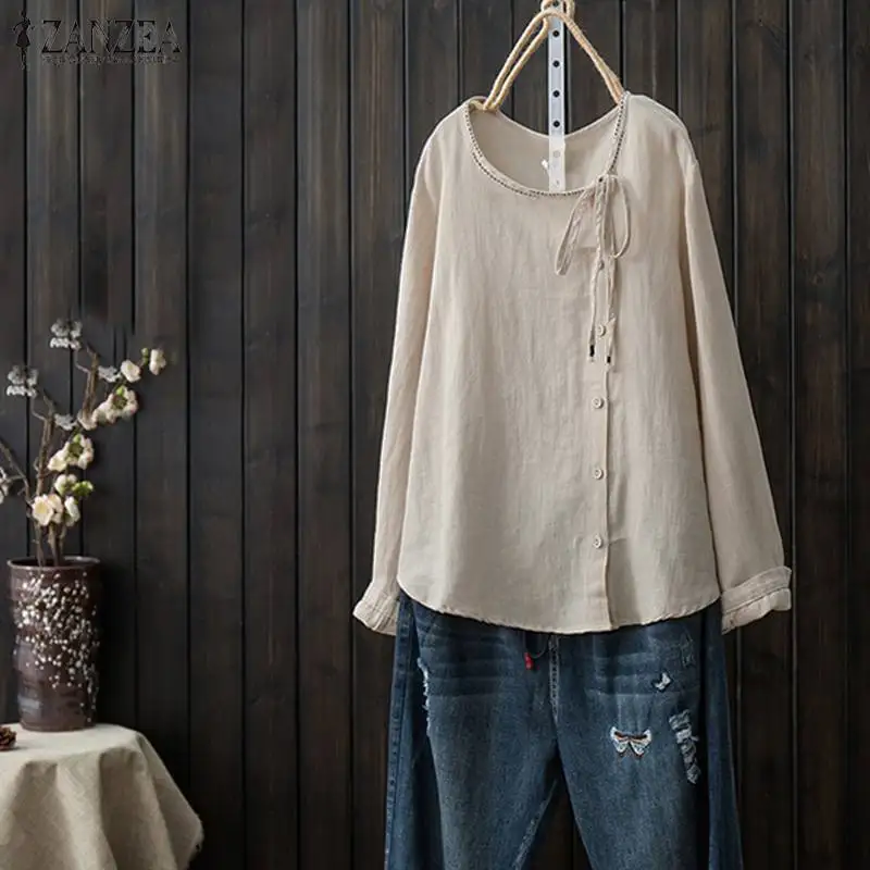 

Cotton Work Blouse Oversized Casual Solid Blusas ZANZEA Vintage Women Long Sleeve Chemise Buttons Down Shirts Lace Up Tunic Tops