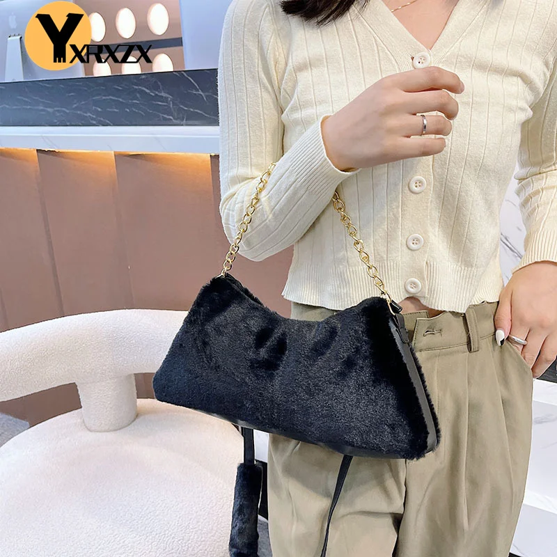 

Women Shoulder Baguette Bag For Autumn Winter Female Warm Plush Crossbody Bag Fashion Chain Casual Handbags Ladies Bag