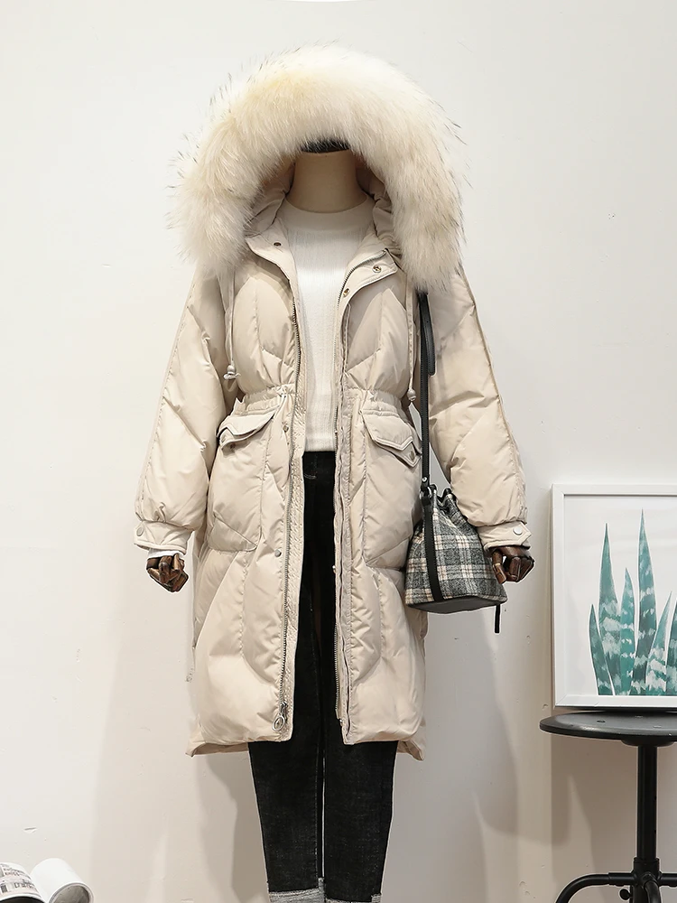 

Women's jacket with hood, white goose down, winter long warm down coat, raccoon fur collar, doudoune femme hiver ayy0007