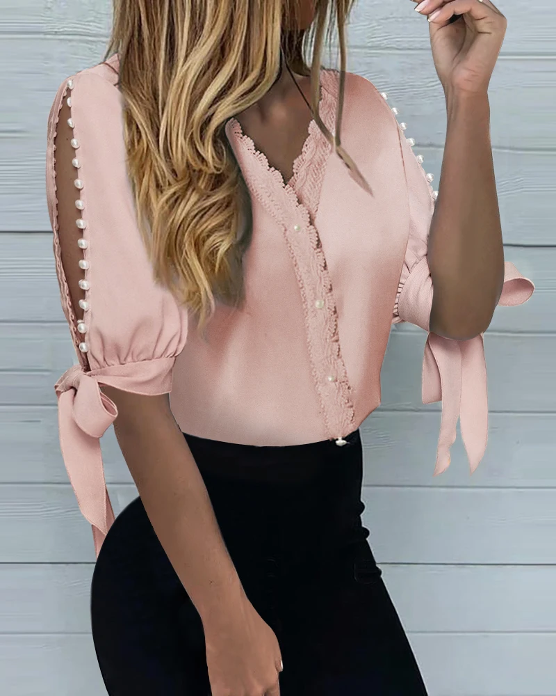 

Summer Women Plain Bow Tie Boho Shirt Blouse 2021 Fashion Femme Casual V-Neck Bead Design Solid Top Office Ladies Outfits Tunic