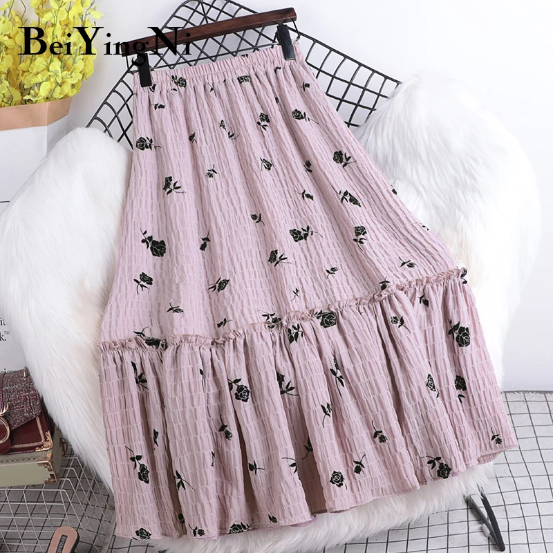 

Beiyingni 2022 Spring Summer New Fashion Korean High Waist Skirt Women's Rose Flower A-line Pleated Midi Skirts Black Pink Falda