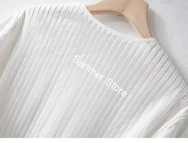 

Women's White Midi Dress Pleated V-neck Loose Casual Half Puff Sleeve Summer Female Simple Dresses