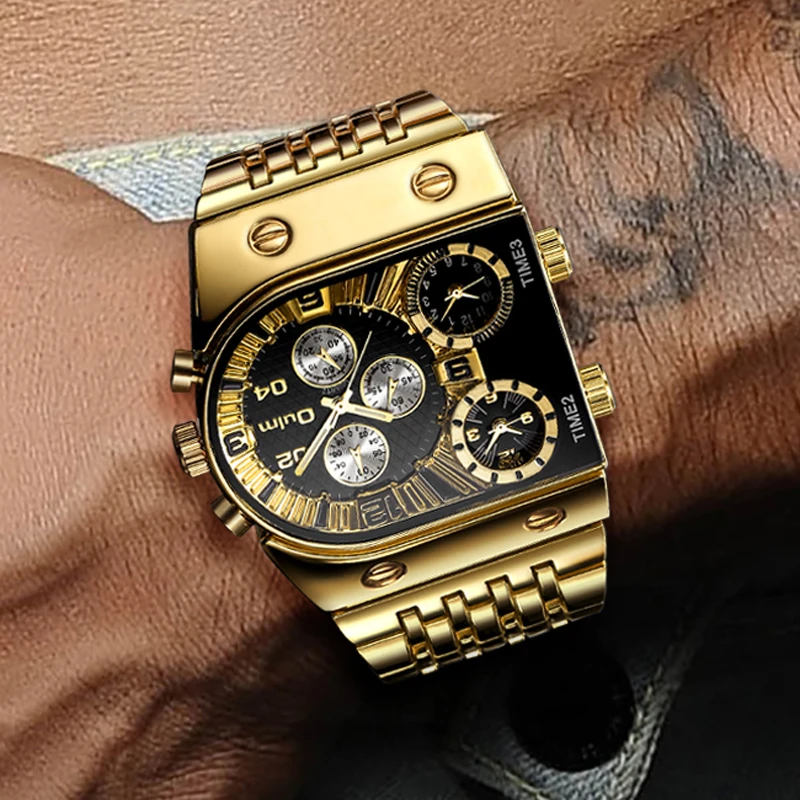 

Oulm Top Brand Luxury Gold Sport Watches Men 3 Time Zone Big Dial Stainless Steel Band Quartz Wristwatches Relogio Masculino