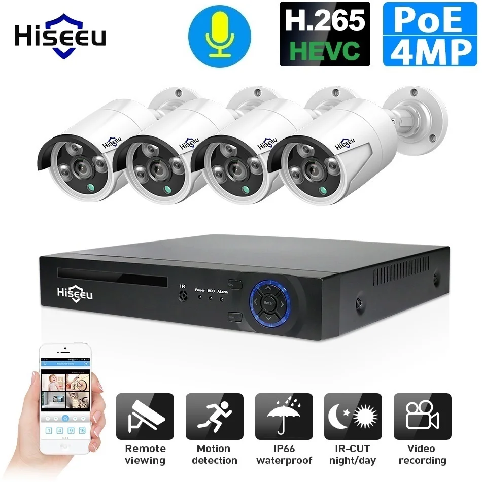 H.265 48 В 8CH 4MP POE NVR система наружная PoE IP CCTV камера безопасности Водонепроницаемая инфракрасная Hiseeu