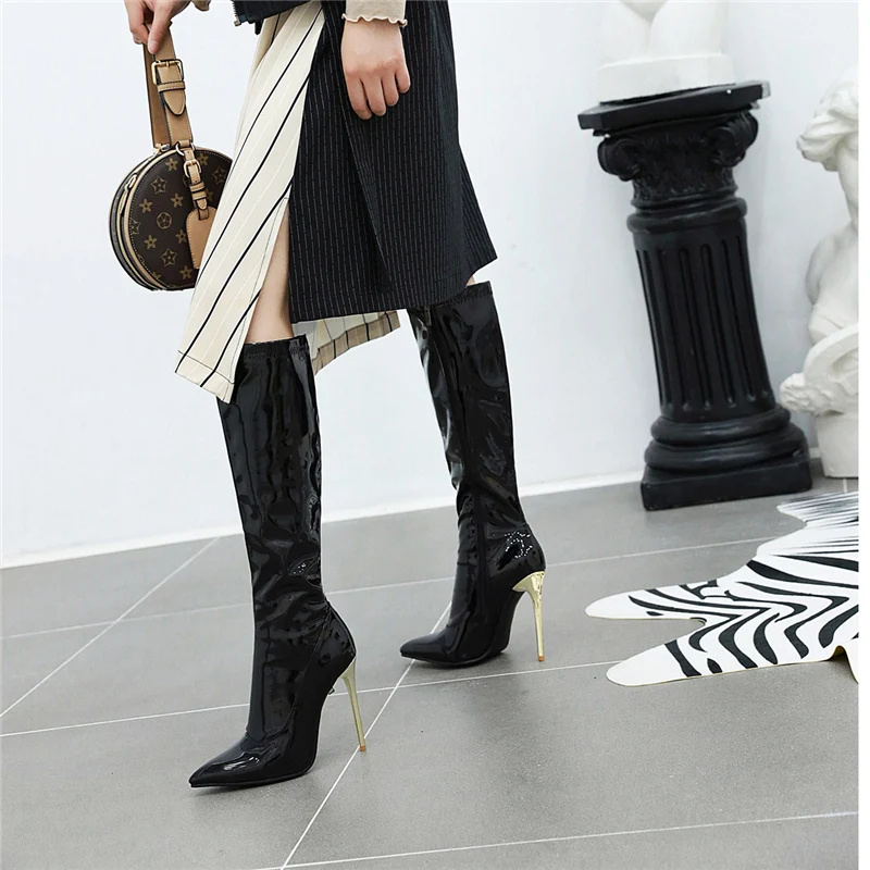 2020 роскошные кожаные высокие сапоги на шпильках женские до колена блестящие