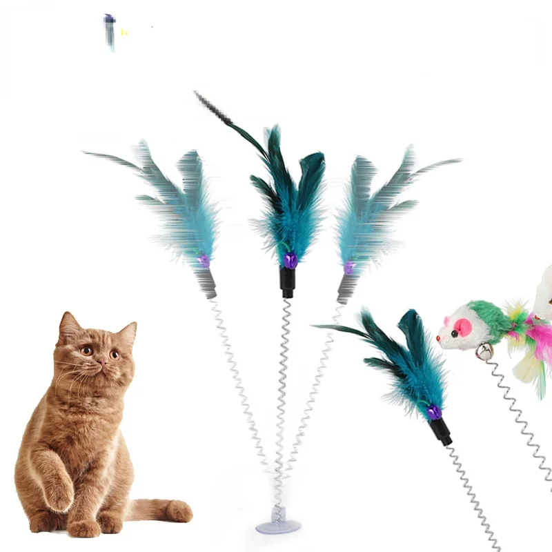 

1PCS Feather Stick Spring Toy Suction Bell Mouse Cat Interactive Pet Tool Elastic Scratcher Mice Teaser Entertainment Multicolor