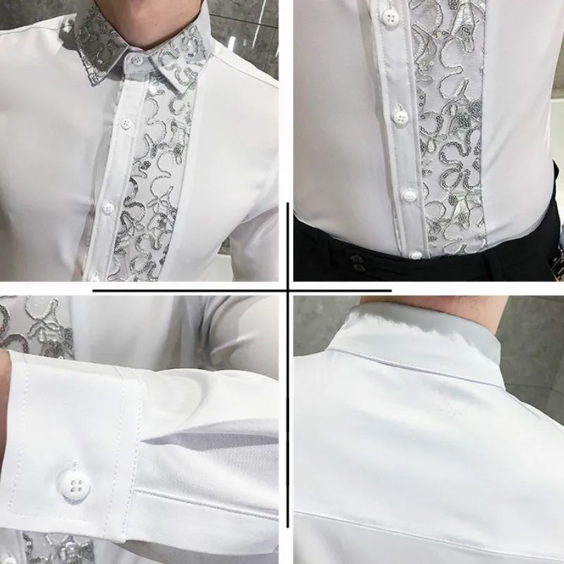 Sexy Lace Patchwork Men's Shirt Long Sleeve Slim Fit Streetwear Casual Shirts Nightclub Singer Social Party Blouse Chemise Homme