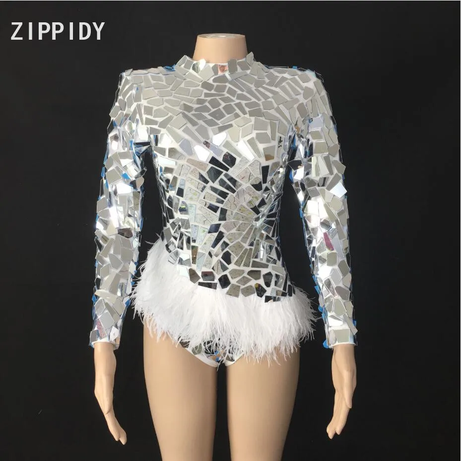 

Full Silver Flashing Mirrors Feather Bodysuit Women's Bar Birthday Celebrate Outfit Prom Show Women Dancer Outfit