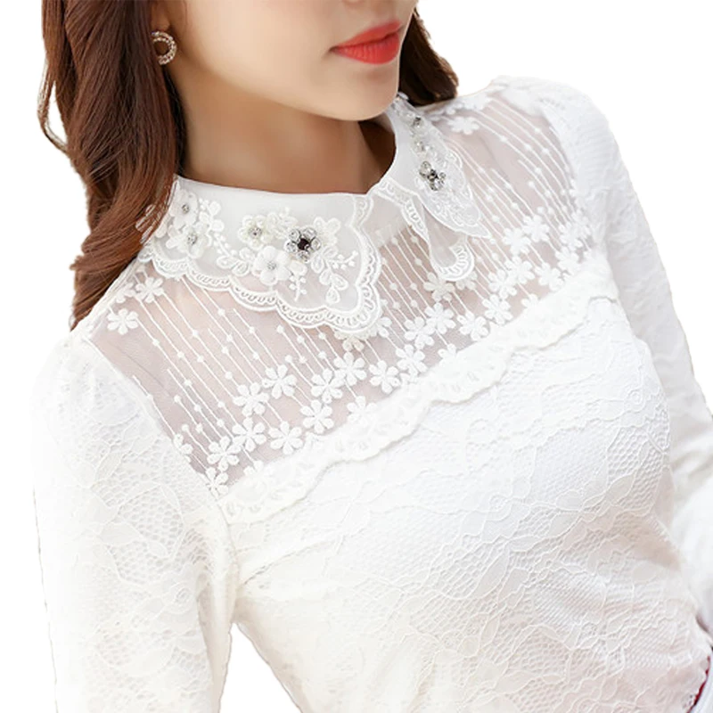 Женская ажурная блузка с длинным рукавом черная или белая Повседневная Блузка