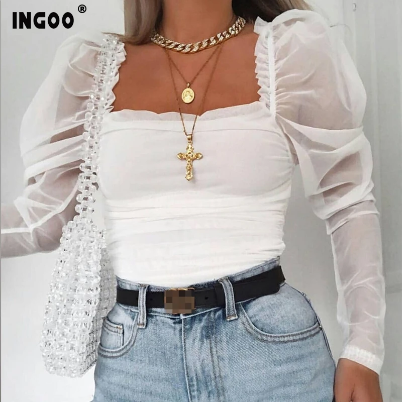INGOO летние сексуальные женские топы размера плюс пышными рукавами весенние