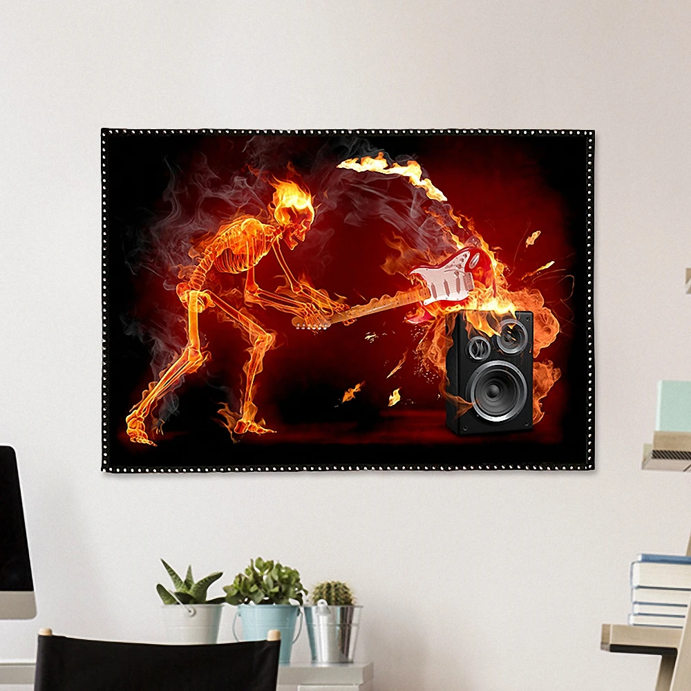 

Burning Skeleton Retro Rock Music Poster Wall Art Hanging Painting Heavy Metal Art Works Banner Flag Wall Stickers Home Decor