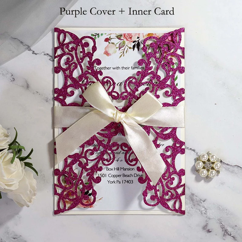 Purple Cover Insert 1 шт. золотисто-синяя Серебристая блестящая бумага лазерная резка свадебные пригласительные открытки с лентой индивидуальный Свадебный декор вечерние принадлежности - Цвет: Purple Cover Insert