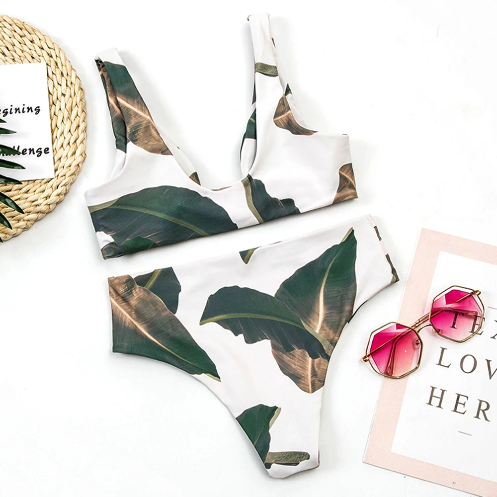 Купальник-бикини пуш-ап женский с тропическим принтом и завышенной талией |