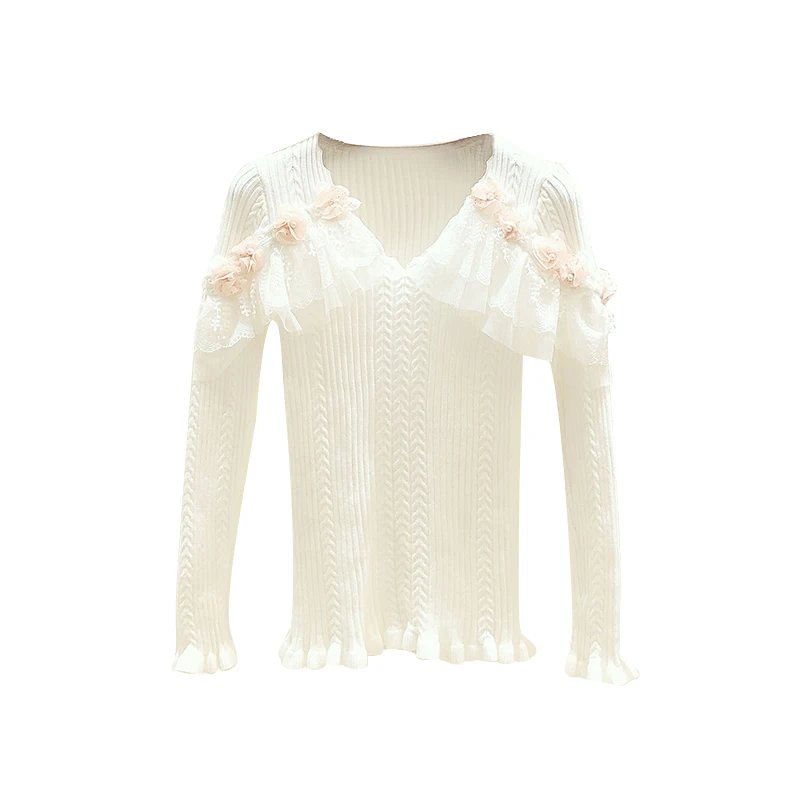 Autumn and Winter V Neck Sweater Women 2019 New Korean Lace Flower Decoration V-neck Long Sleeve Knitwear Blusas Femme | Женская одежда
