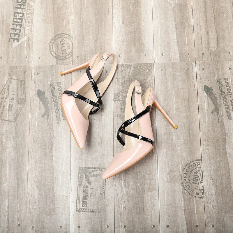 

2021 new patent leather high heels with pointed toes and strapping straps with thin heels and sandals in large size 33-46