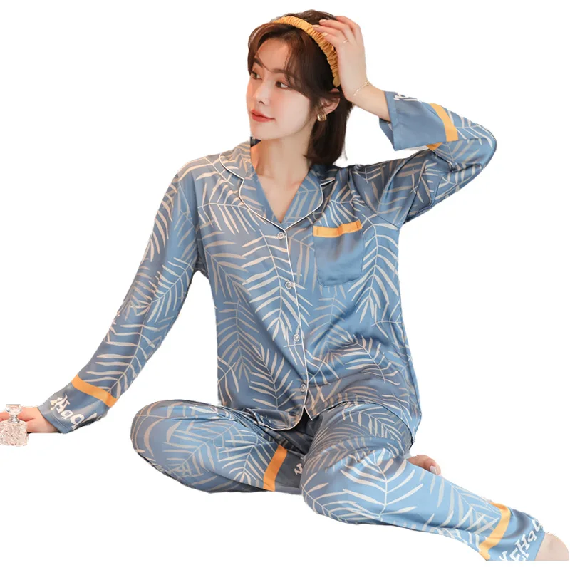 

Print Leaf Sleepwear Satin Women Pajamas Set Nightwear 2PCS Shirt&Pants Casual Sleep Set 2021 Spring Pyjamas Loose Home Wear