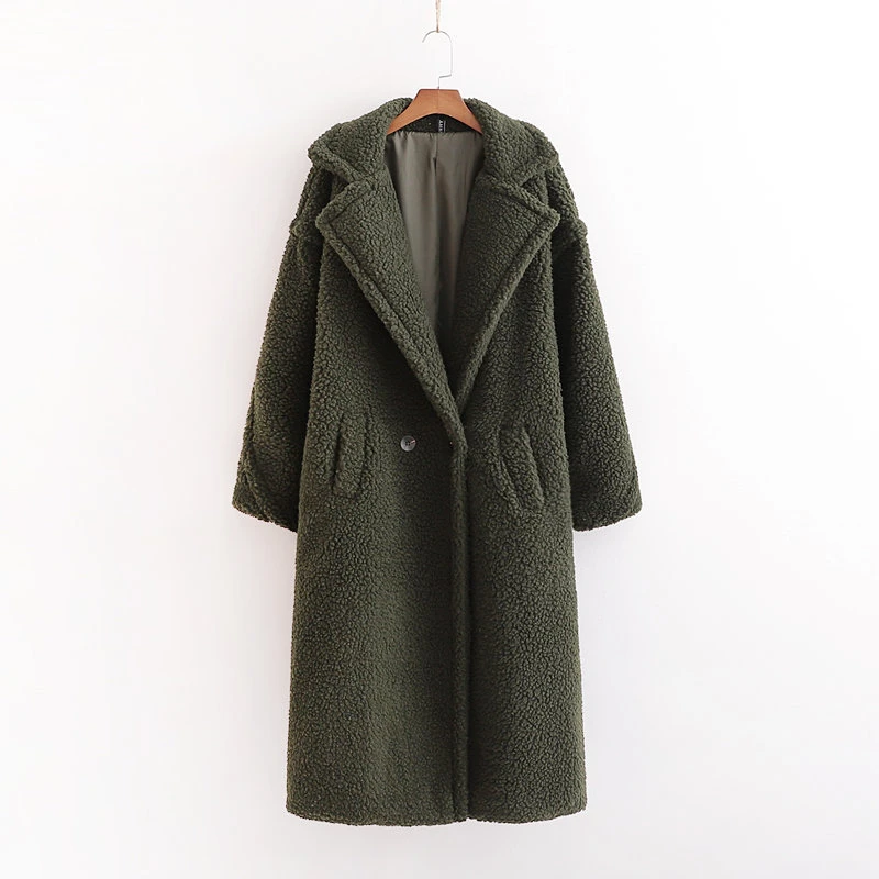 

Jrnnorv Winter Casual Solid Teddy Coat Women Long Sleeve Fleece Jacket Turn Down Collar Woolen Double Breasted Coat Outerwear