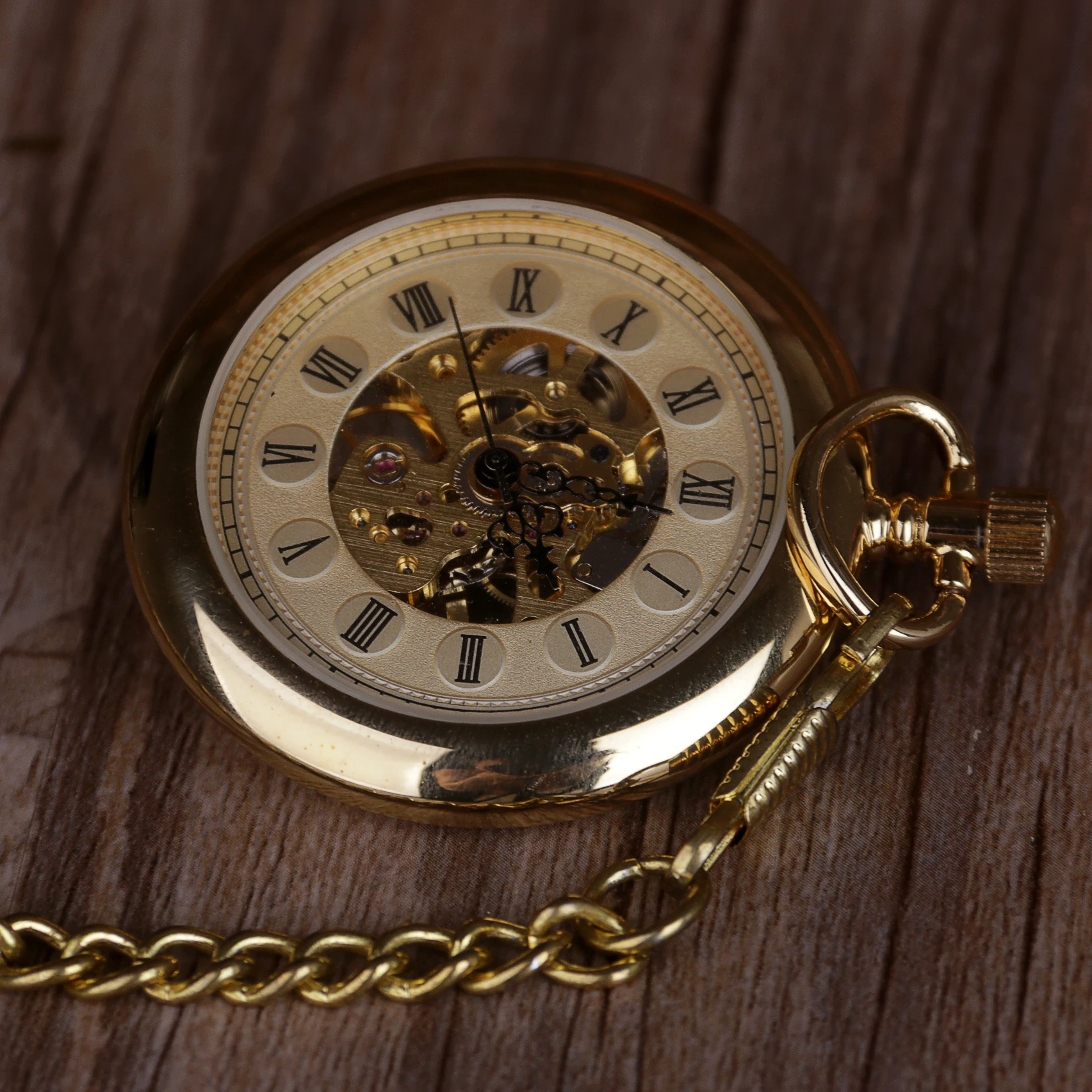 Wholesale Luxury Gold Skeleton Transparent Mechanical Pocket Watch for Men Women FOB Chain Hand Winding Full Steel Pocket Watch