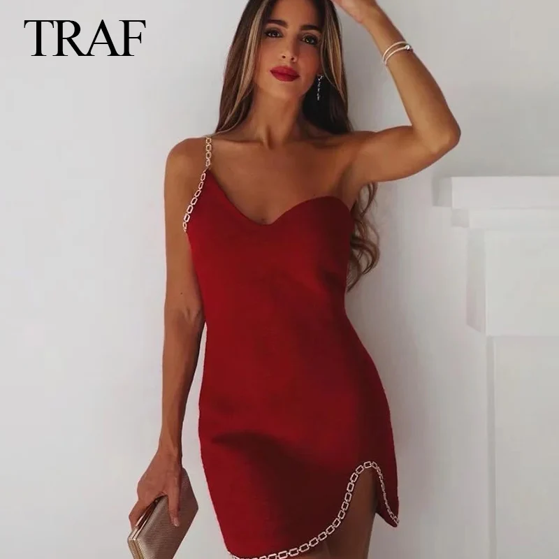 

Платье TRAF женское с цепочкой, элегантное модное пикантное вечернее, без рукавов, с ремешком на плечо, красная текстура