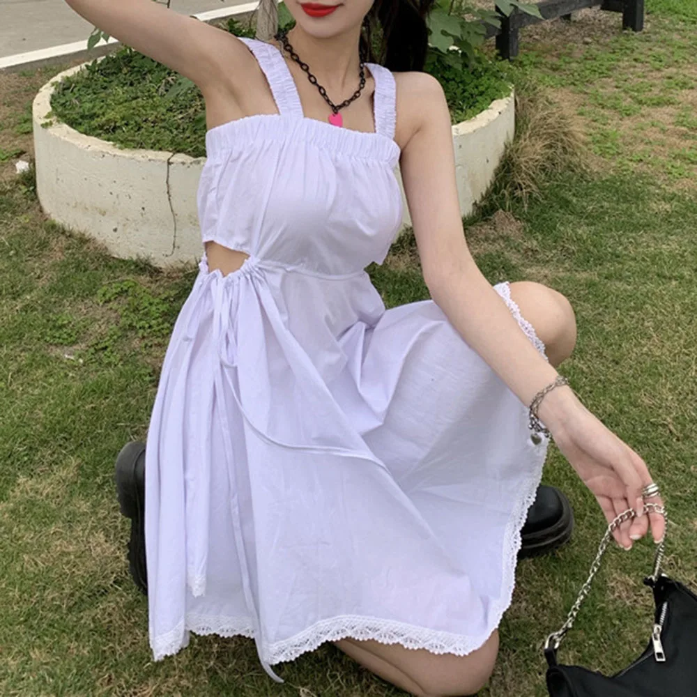 

2021 Summer New Fashion Hipster High Street Slim Sling Drawstring Irregular Solid Color Women's Dress Temperament Casual