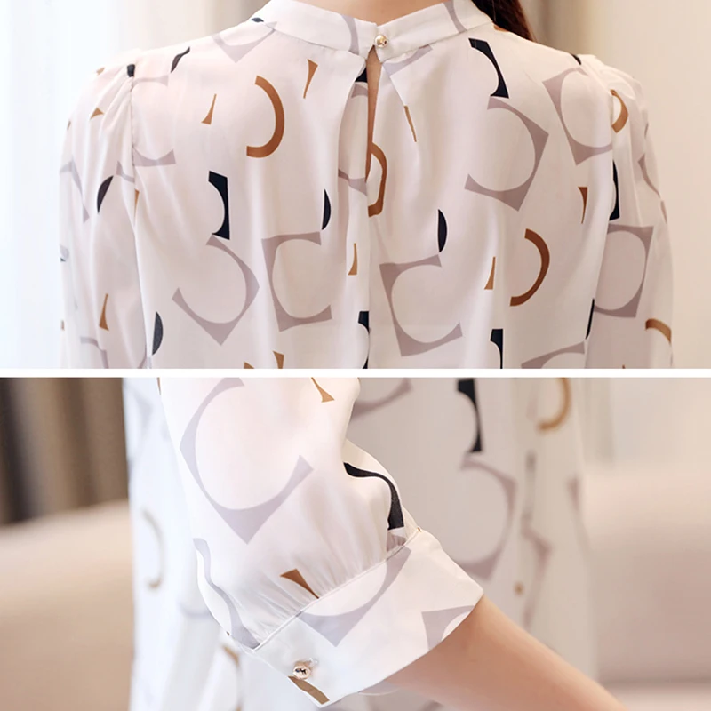 Модные шифоновые женские блузки с принтом тонкий пуловер круглым вырезом белая