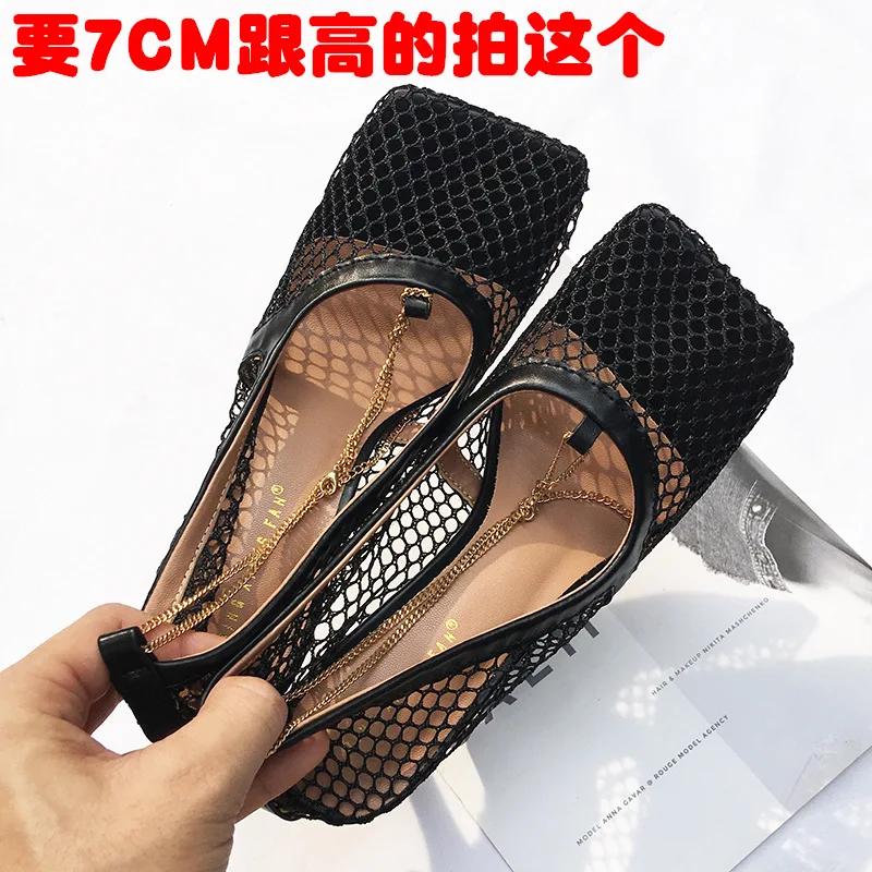 

breathable mesh shallow square head 20 high-heeled thin-heeled ultra-fire sexy chain hollow shoes