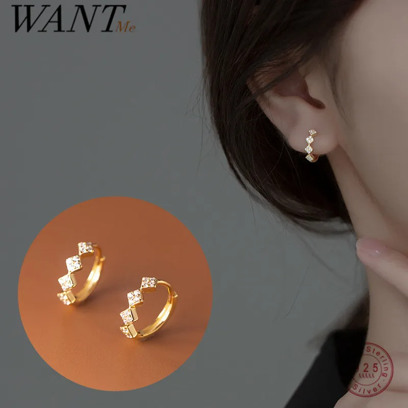 

WANTME 925 Sterling Silver Geometric Diamond Pavé CZ Zircon Charm Hoop Earrings for Women Fine French Huggies Piercing Jewelry