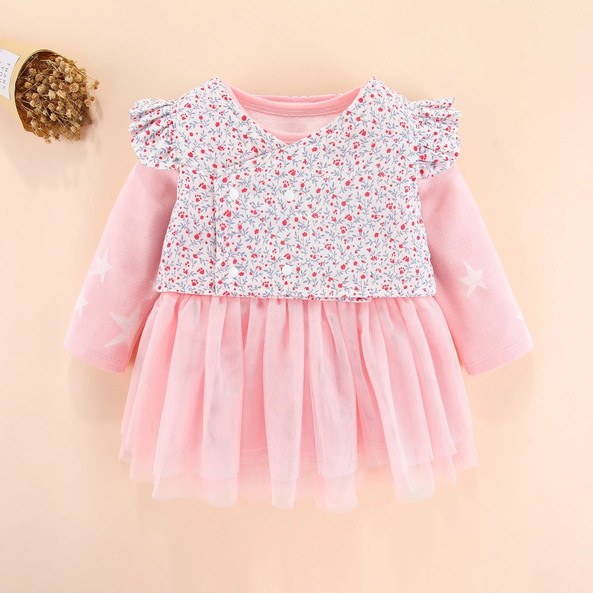 

Autumn And Winter New Baby Girl Long-sleeve Round Neck Princess Dresses Kids Two-piece Cute Floral Top Outdoor Romper Dress