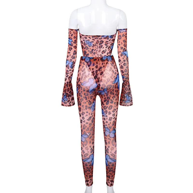 

Zoctuo Leopard Butterfly Print Sexy Jumpsuits For Women Sash Neck Jumpsuit Flare Long Sleeve Rompers And Jumpsuits For Women