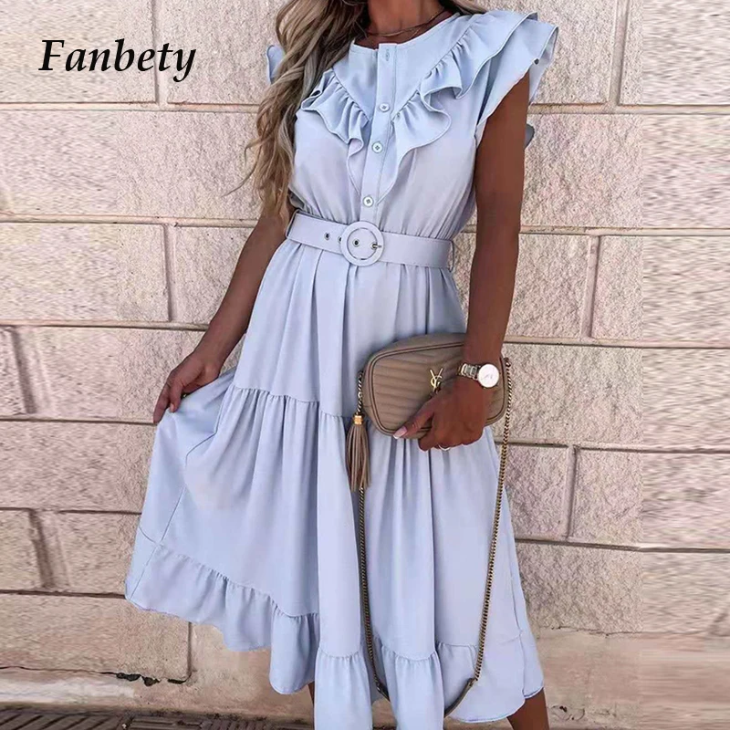 

Women Elegant V-Neck Sleeveless Ruffle Long Dress Summer Fahsion Single-Breasted Office Lady Dresses Casual Solid Dress Mujers