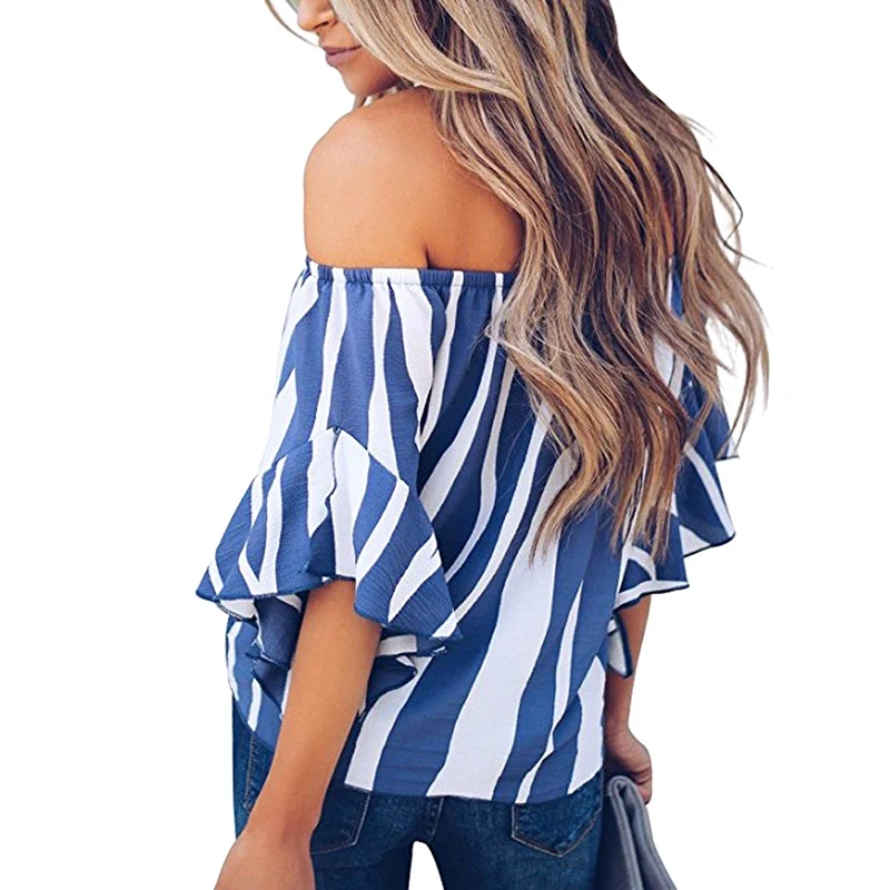 Женская полосатая блузка с открытыми плечами летняя женская коротким рукавом