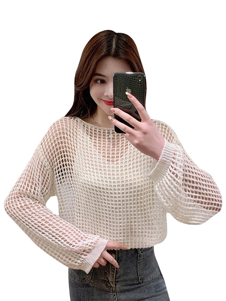 

2021summer Korean New Fashion Slimming Pullover Hollow out Two-Piece Sling Mesh Blouse Suit for Women