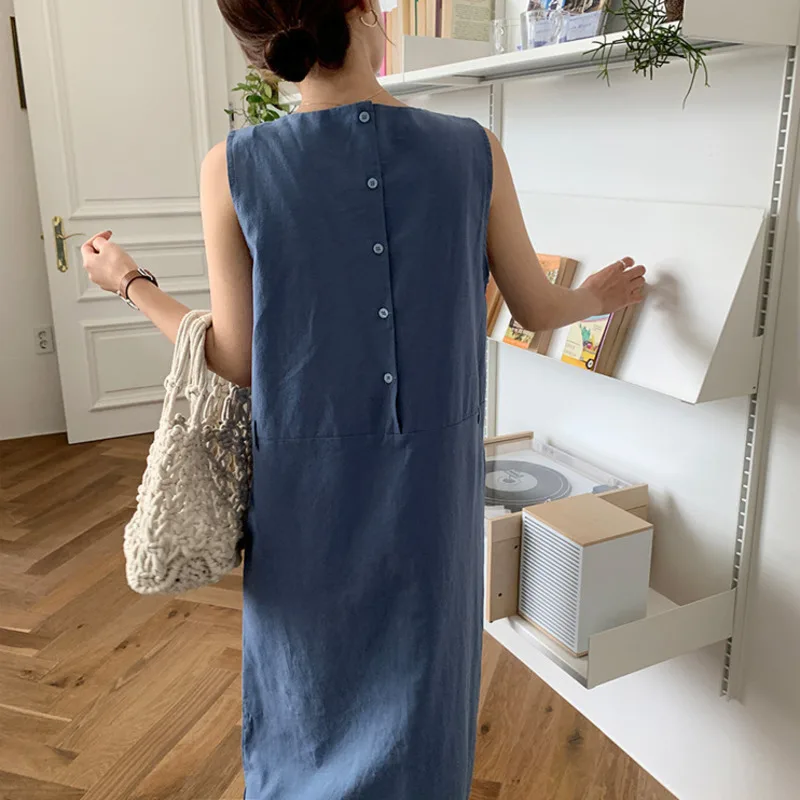 

LANMREM Causal Cotton Hemp Sleeveless Vest Mid Length Korean Lace Up Waist Slim Dress Summer 2021 New Arrival 2K1881