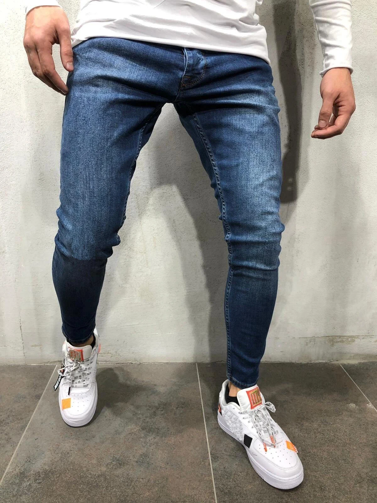 

Джинсы мужские однотонные тонкие джинсовые брюки винтажные стираемые брюки-карандаш в стиле хип-хоп рабочие брюки Узкие Стрейчевые джинсы