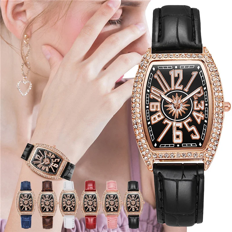 Women Tonneau Arabic Numbers Diamond Luxury Ladies Leather Quartz Wristwatches Clock Relogio Feminino | Наручные часы